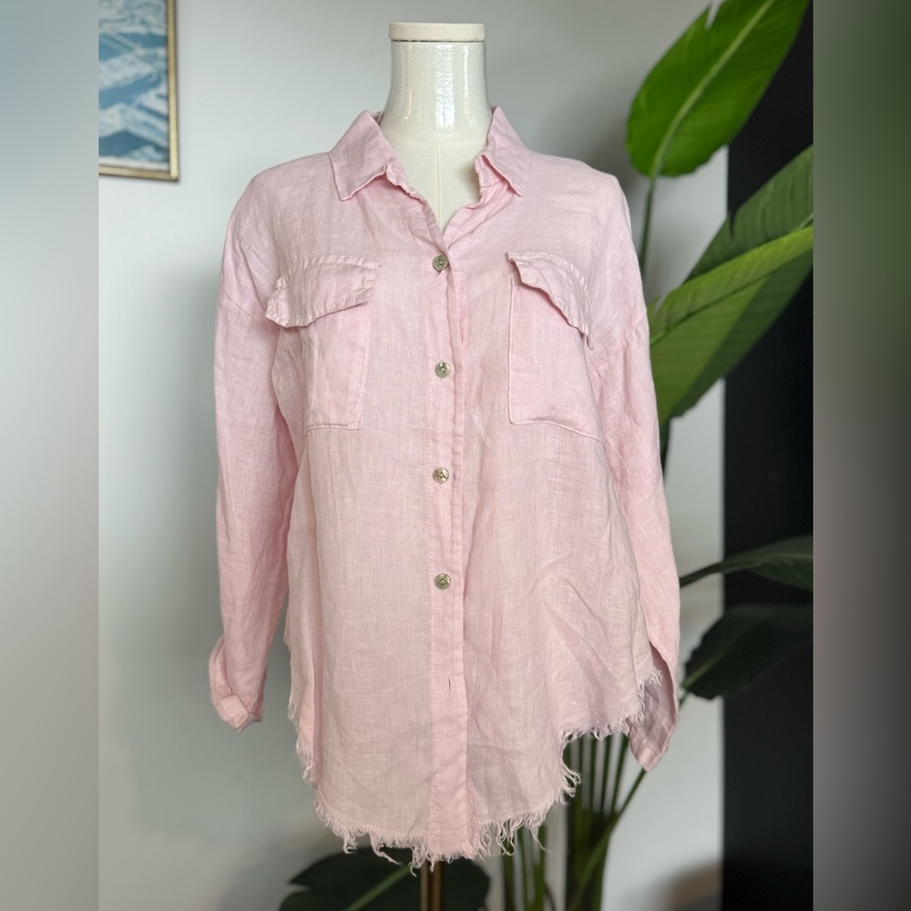 Linen boho beachy light pink shirt in size small by brand Linen-o